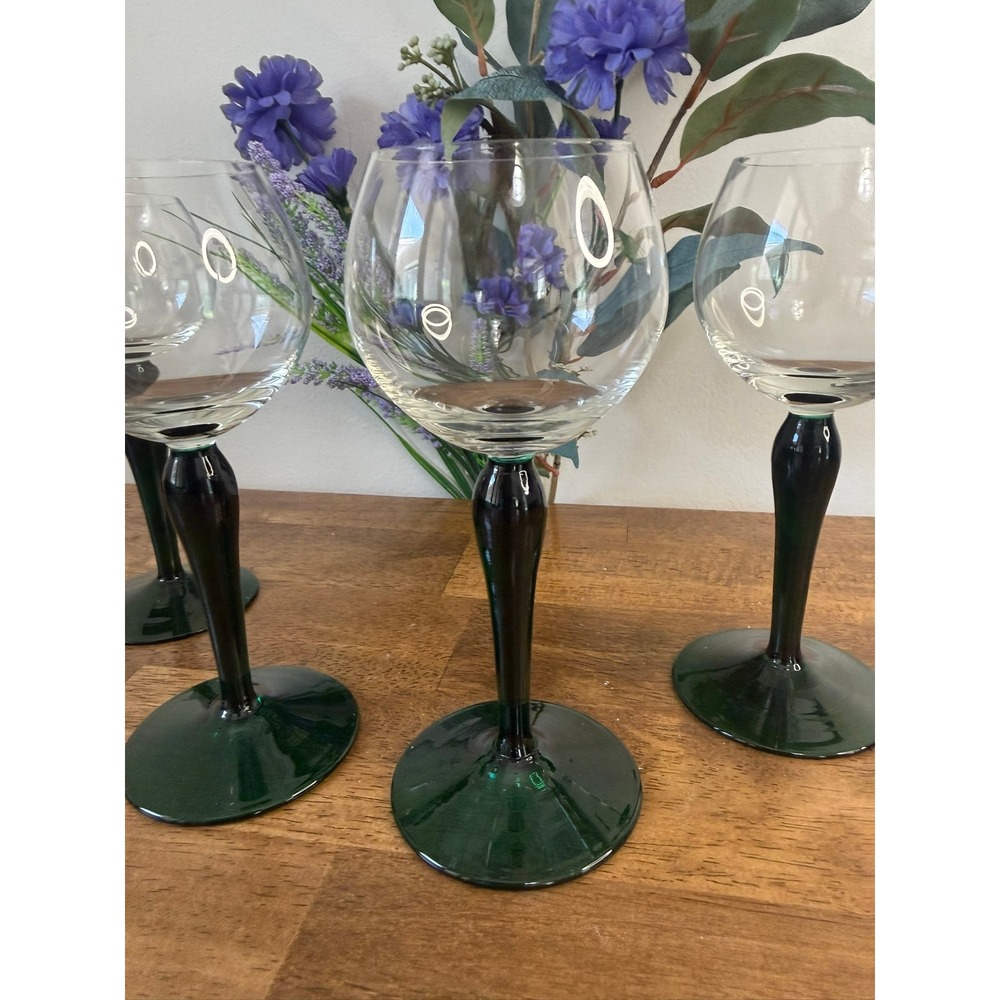 Vintage Emerald Green Wine Glasses Set Mid Century Italian Art Glass Style Bar - Picture 5 of 11